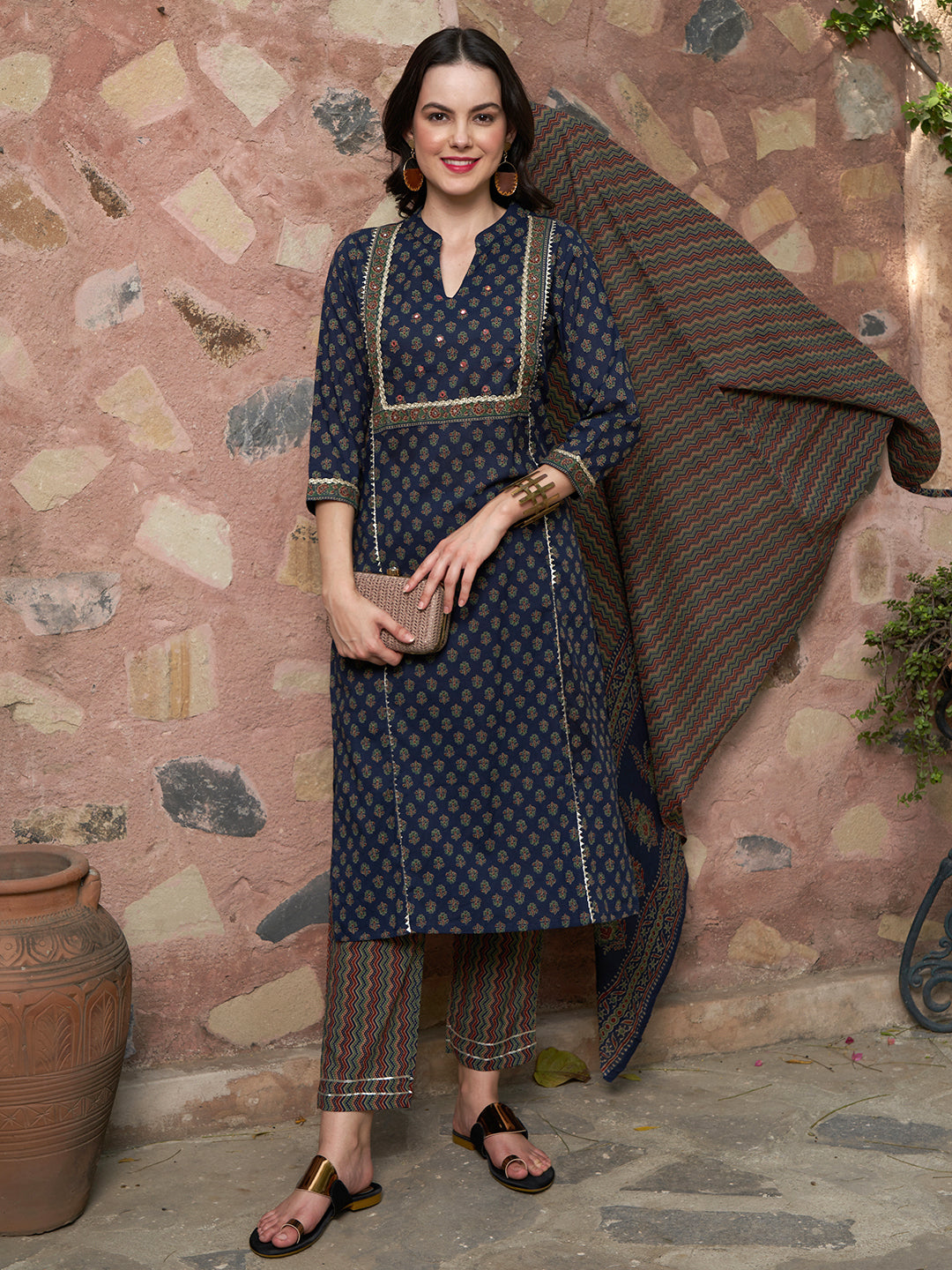 Moonlit Indigo Cotton Printed Kurta Pant with Dupatta Set Ethnic Wear for Women