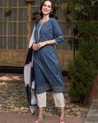 Sapphire Bloom Blue Cotton Printed Kurta Pant with Dupatta Set Ethnic Wear for Women