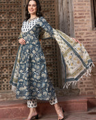Navy Blue Floral Printed Pure Cotton Anarkali Kurta With Trouser & Dupatta