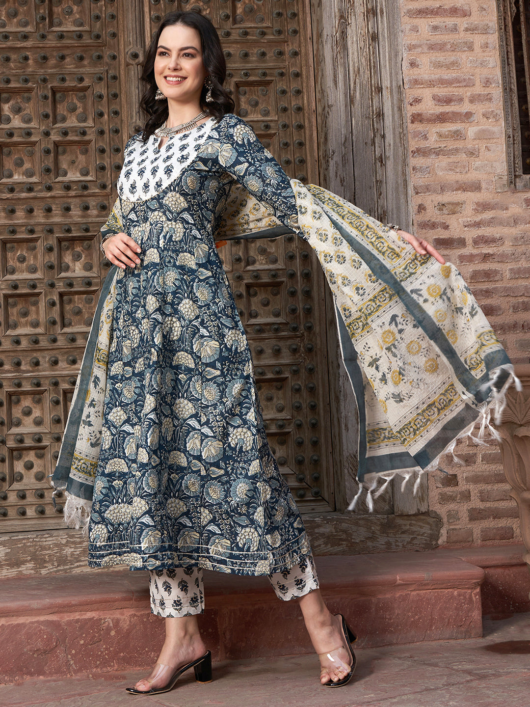Navy Blue Floral Printed Pure Cotton Anarkali Kurta With Trouser & Dupatta
