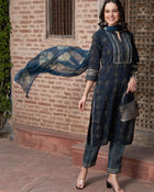 Sky Sonata Floral Printed Kurta Pant Dupatta Set