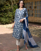 Blue Mirage Cotton Printed Kurta Pant with Dupatta Set Ethnic Wear for Women