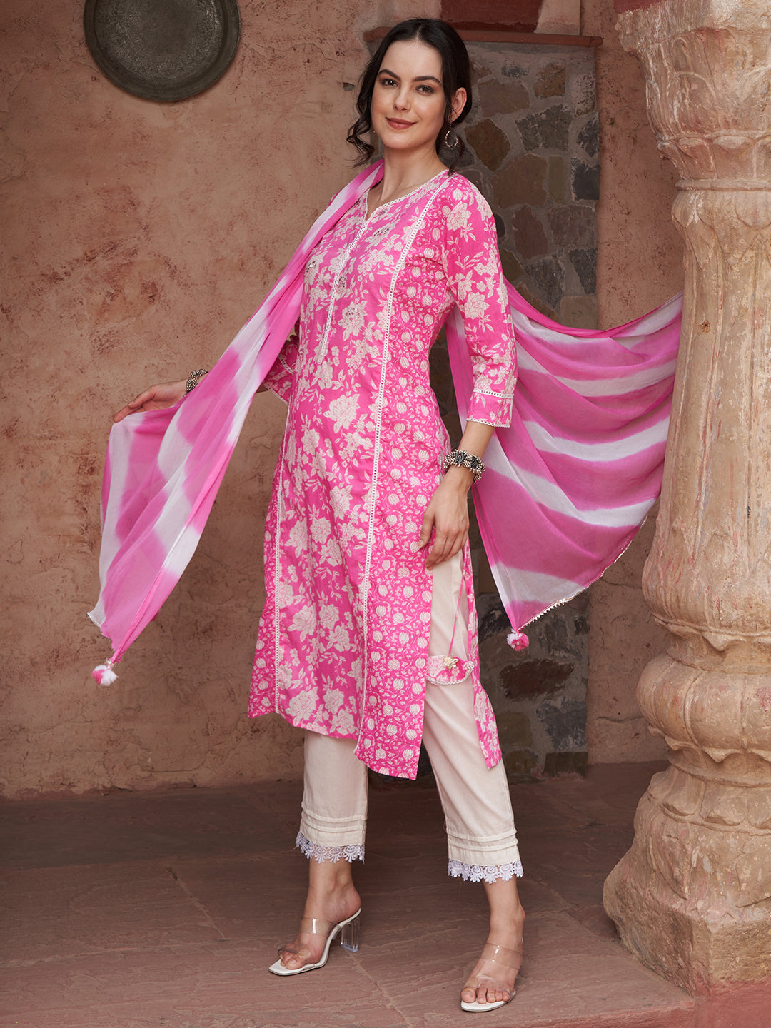 Ethnic Motifs Printed Sequined Pure Cotton Kurta with Trousers & Dupatta