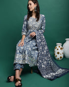Blue Printed Thread Work Pure Cotton Empire A-Line Kurta with Trousers & Dupatta