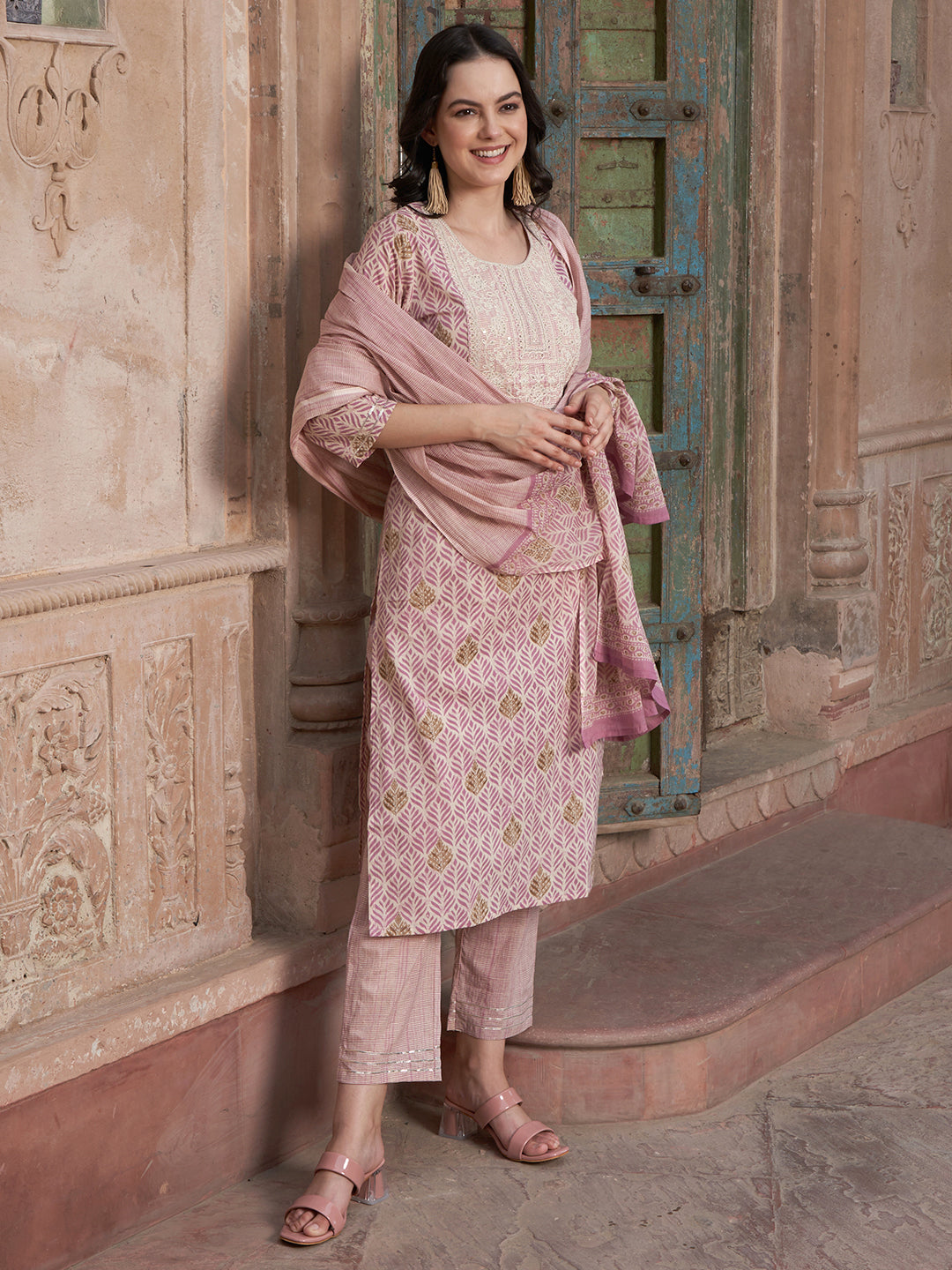 Mauve Floral Cotton Kurta Set – Churidar & Dupatta