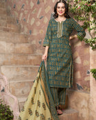 Verdant Bloom Green Floral Printed Kurta Pant with Dupatta Set Elegant Ethnic Wear for Women