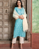 Turquoise Tranquil Cotton Printed Kurta Pant with Dupatta Set  Ethnic Wear for Women
