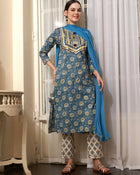 Aqua Bloom Turquoise Cotton Printed Kurta Pant with Dupatta Set Ethnic Wear for Women