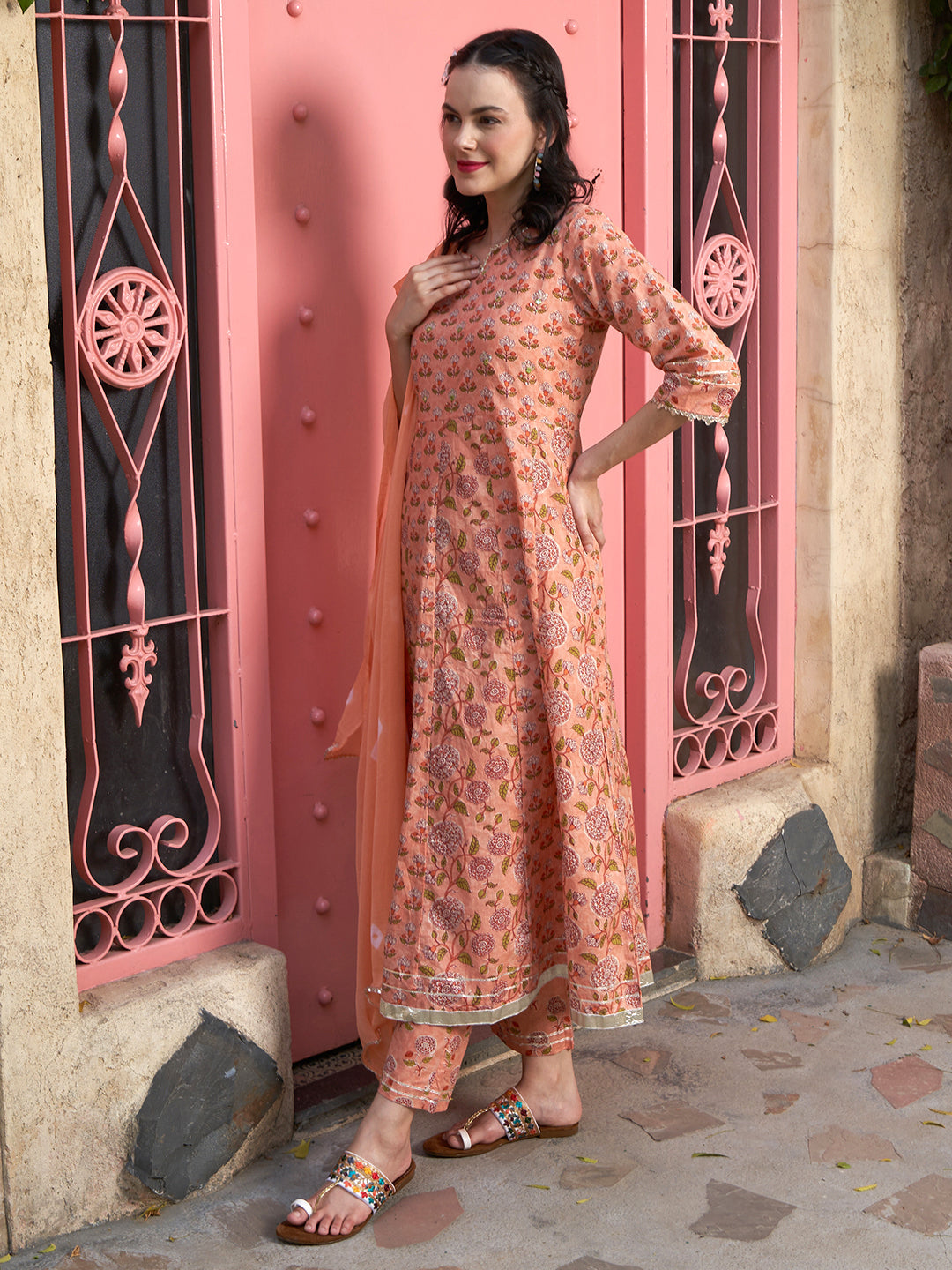 Peach Blossom Floral Printed Cotton Kurta Pant with Dupatta Set  Ethnic Wear for Women