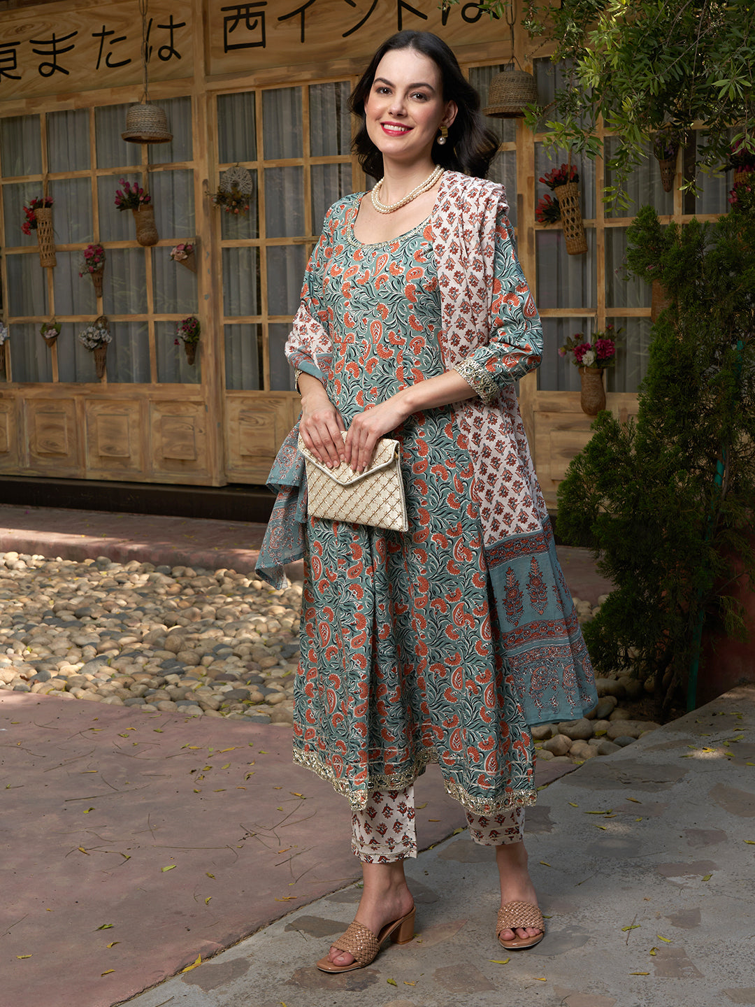 Silver Mist Grey Cotton Printed Kurta Pant with Dupatta Set Ethnic Wear for Women