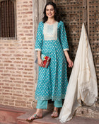 Ocean Mist Turquoise Cotton Printed Kurta Pant with Dupatta Set  Ethnic Wear for Women