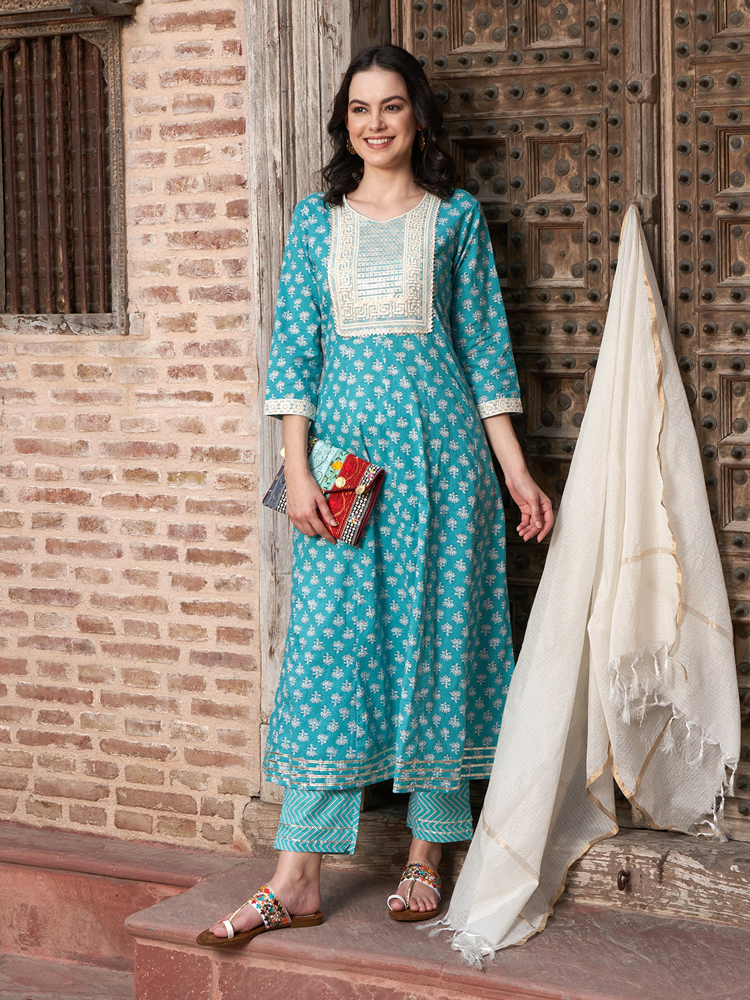 Ocean Mist Turquoise Cotton Printed Kurta Pant with Dupatta Set  Ethnic Wear for Women