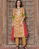 Apricot Aura Floral Printed Cotton Kurta Pant with Dupatta Set Ethnic Wear for Women