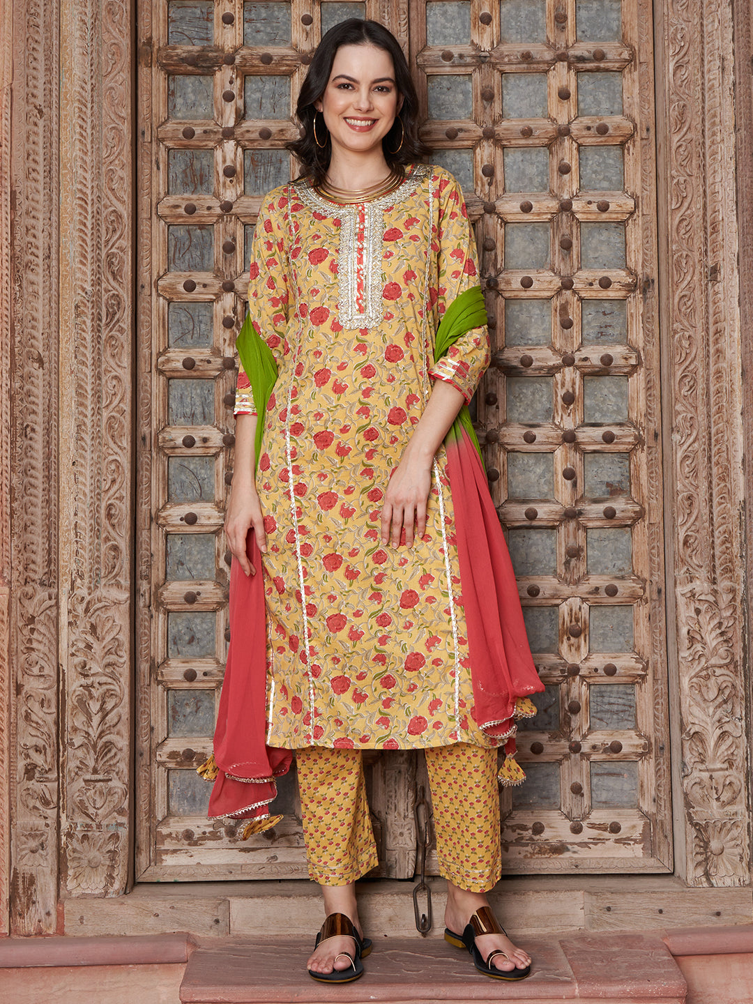 Apricot Aura Floral Printed Cotton Kurta Pant with Dupatta Set Ethnic Wear for Women