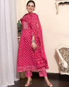 Printed & Embroidered Pure Cotton A-Line Kurta With Trouser & Dupatta