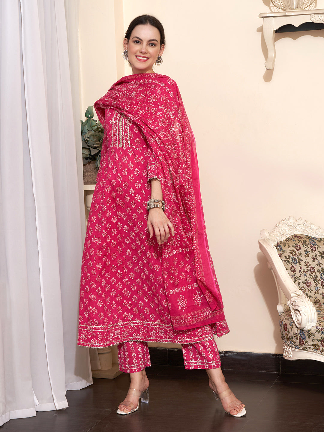 Printed & Embroidered Pure Cotton A-Line Kurta With Trouser & Dupatta