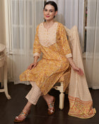 Saffron Spring Yellow Floral Printed Cotton Kurta Pant with Dupatta Set Ethnic Wear for Women