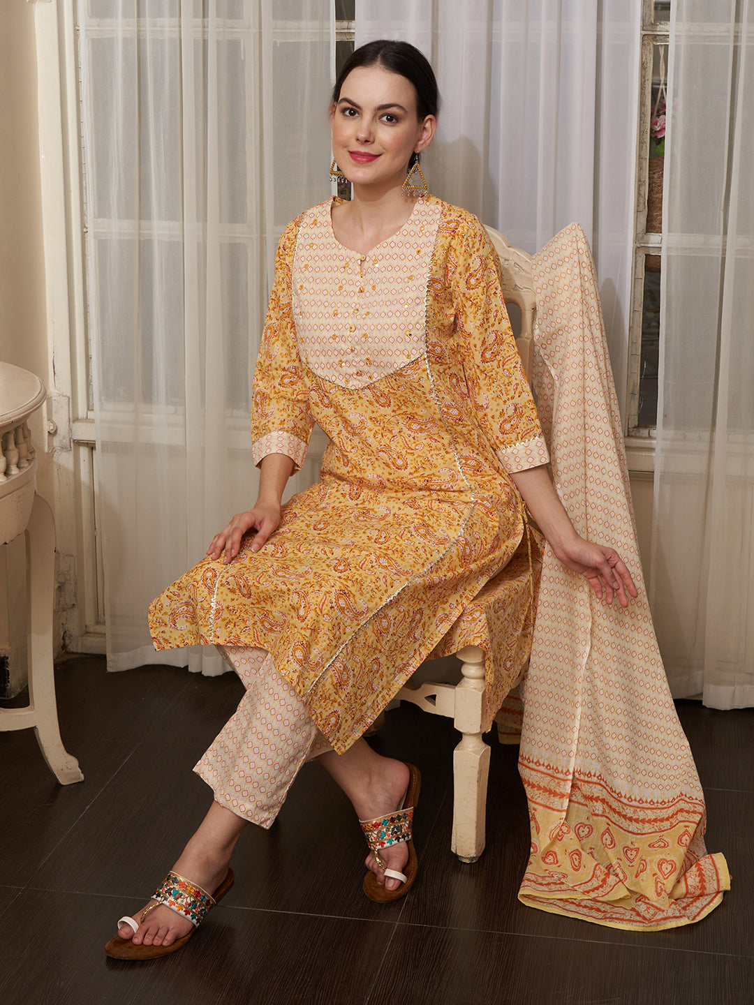 Saffron Spring Yellow Floral Printed Cotton Kurta Pant with Dupatta Set Ethnic Wear for Women