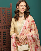 Lunar Taupe Embroidered Straight Kurta Pant with Dupatta Set