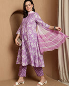 Lavender Bloom Floral Printed Notch Neck Pure Cotton Anarkali Kurta & Trousers With Dupatta