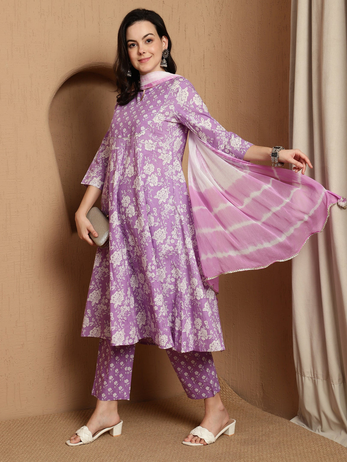 Lavender Bloom Floral Printed Notch Neck Pure Cotton Anarkali Kurta & Trousers With Dupatta