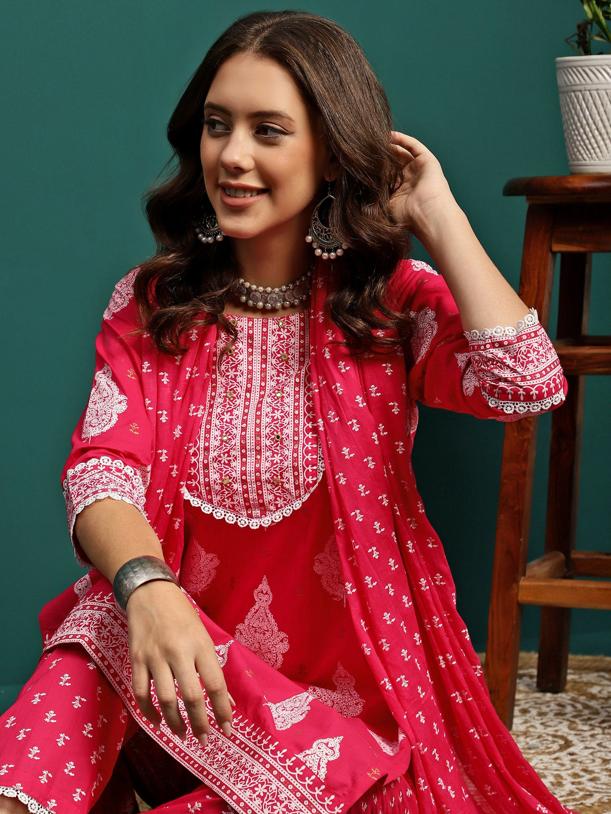 Rosy Veil Printed Pure Cotton Straight Kurta With Trouser & Dupatta Set