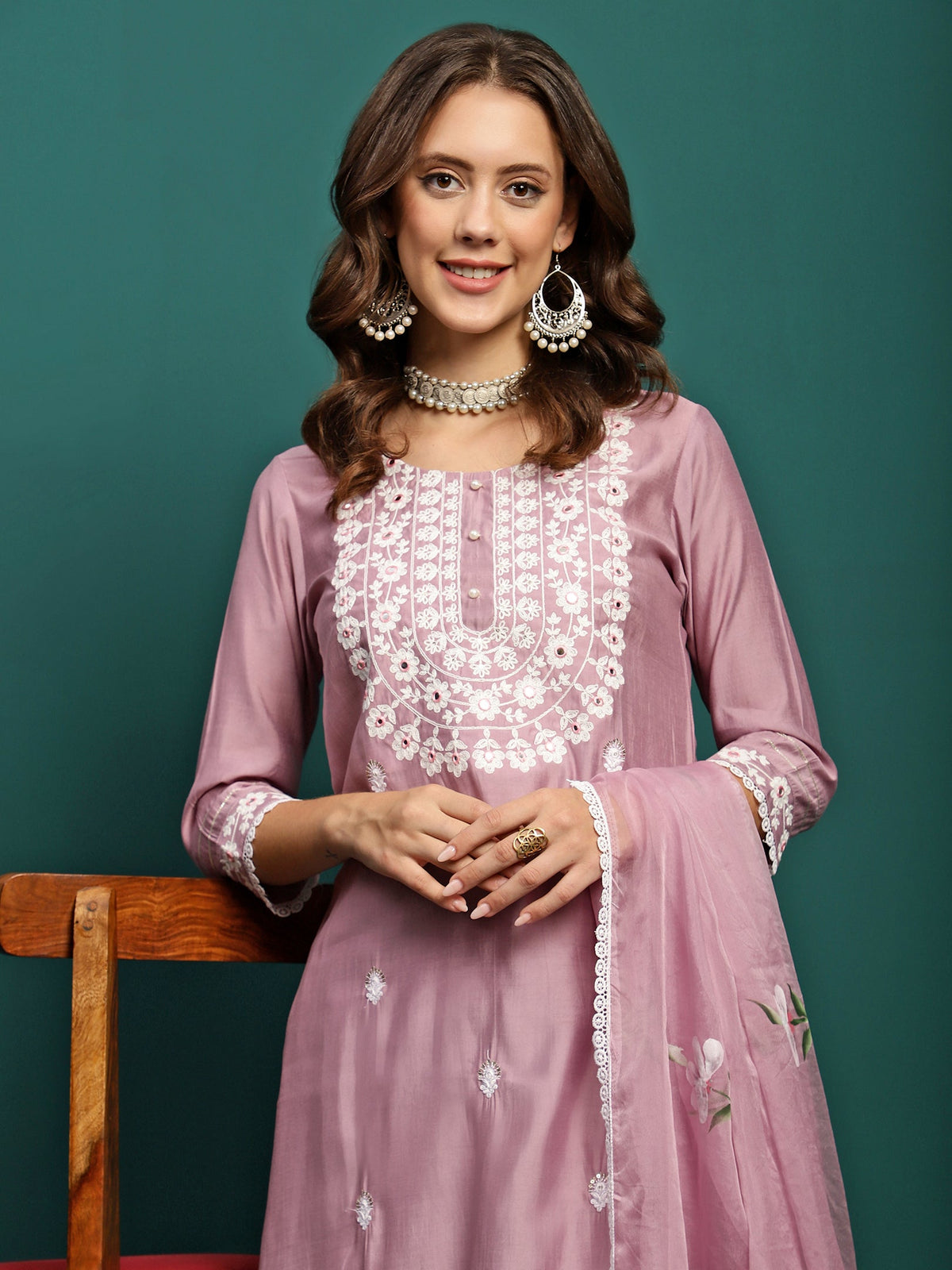 Orchid Bloom Embroidered Round-Neck Kurta With Trouser & Dupatta