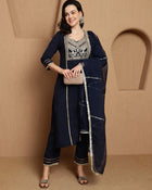 Ebon Weave Floral Embroidered Straight Kurta & Trousers With Dupatta