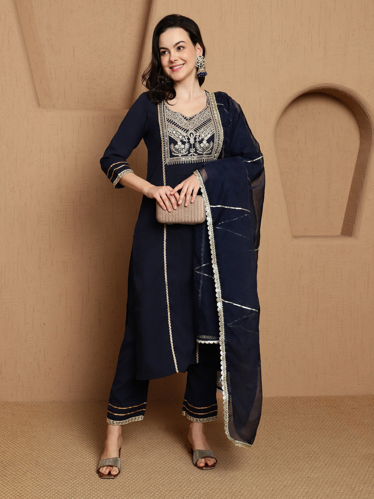 Ebon Weave Floral Embroidered Straight Kurta & Trousers With Dupatta