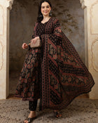 Inaya Black Floral Bead & Stone Work Cotton Anarkali Kurta Set with Dupatta