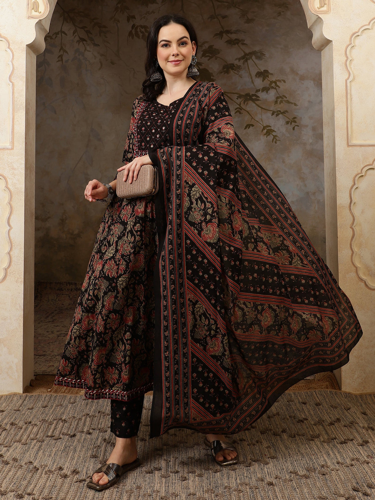 Inaya Black Floral Bead & Stone Work Cotton Anarkali Kurta Set with Dupatta