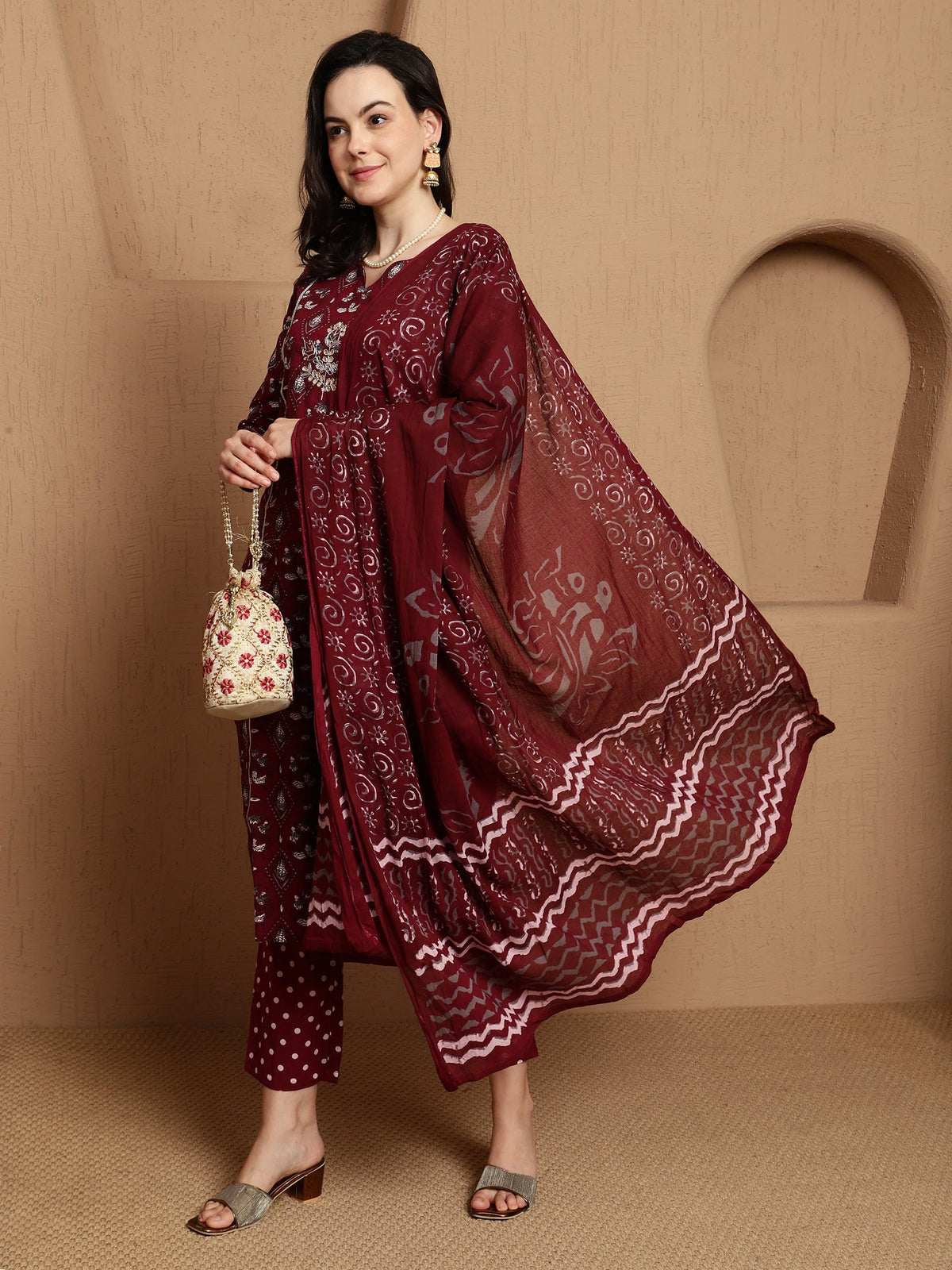 Marvi Muse Ethnic Motifs Printed Pure Cotton Kurta With Trouser & Dupatta
