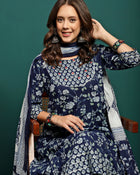 Printed Pure Cotton Anarkali Kurta With Trouser & Dupatta Set