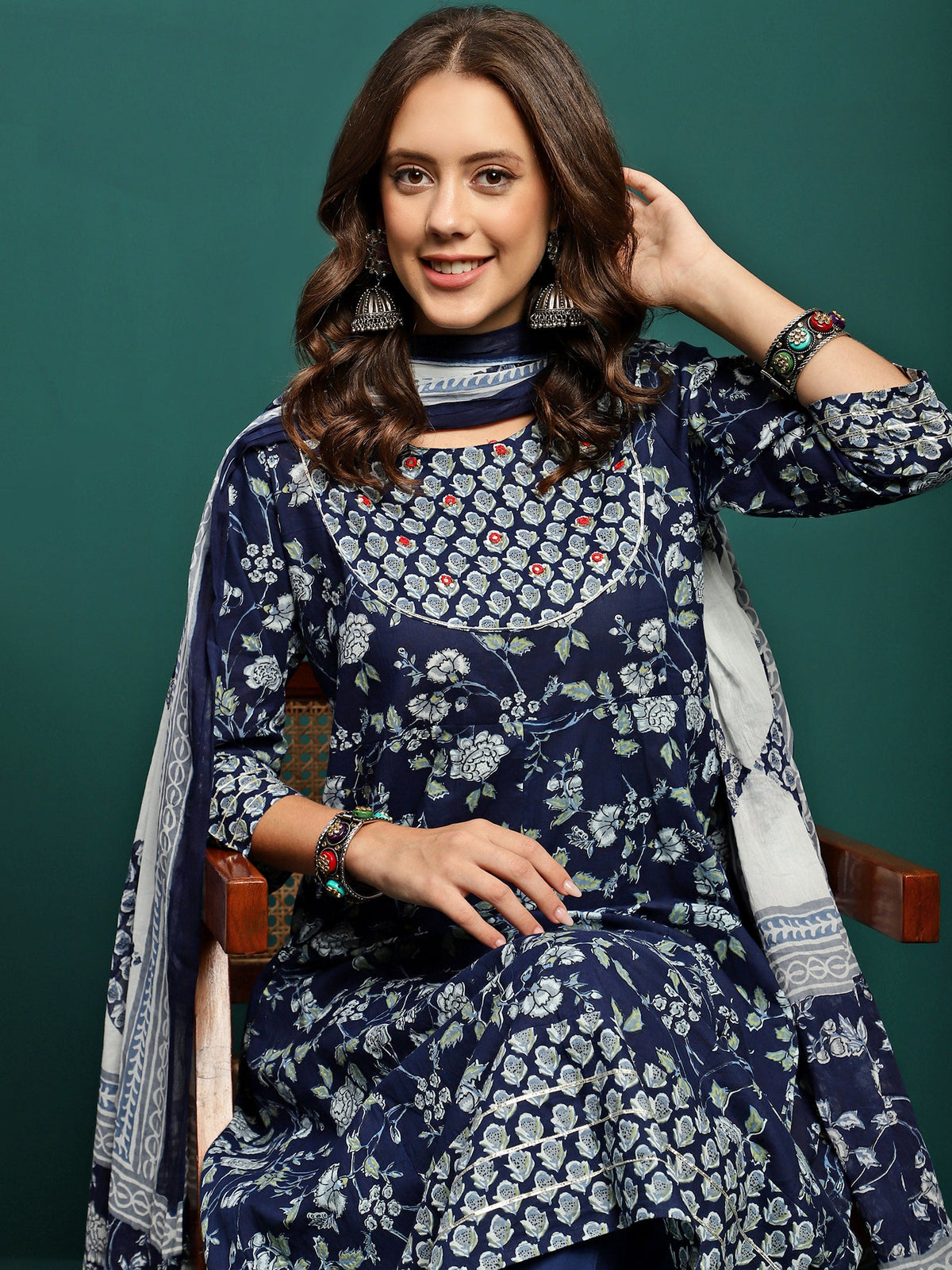 Printed Pure Cotton Anarkali Kurta With Trouser & Dupatta Set
