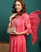 Blush Bloom Printed Pure Cotton Straight Kurta With Trouser & Dupatta Set