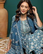 Bluebell Charm Floral Printed Gotta Patti Pure Cotton A-Line Kurta With Trouser & Dupatta Set