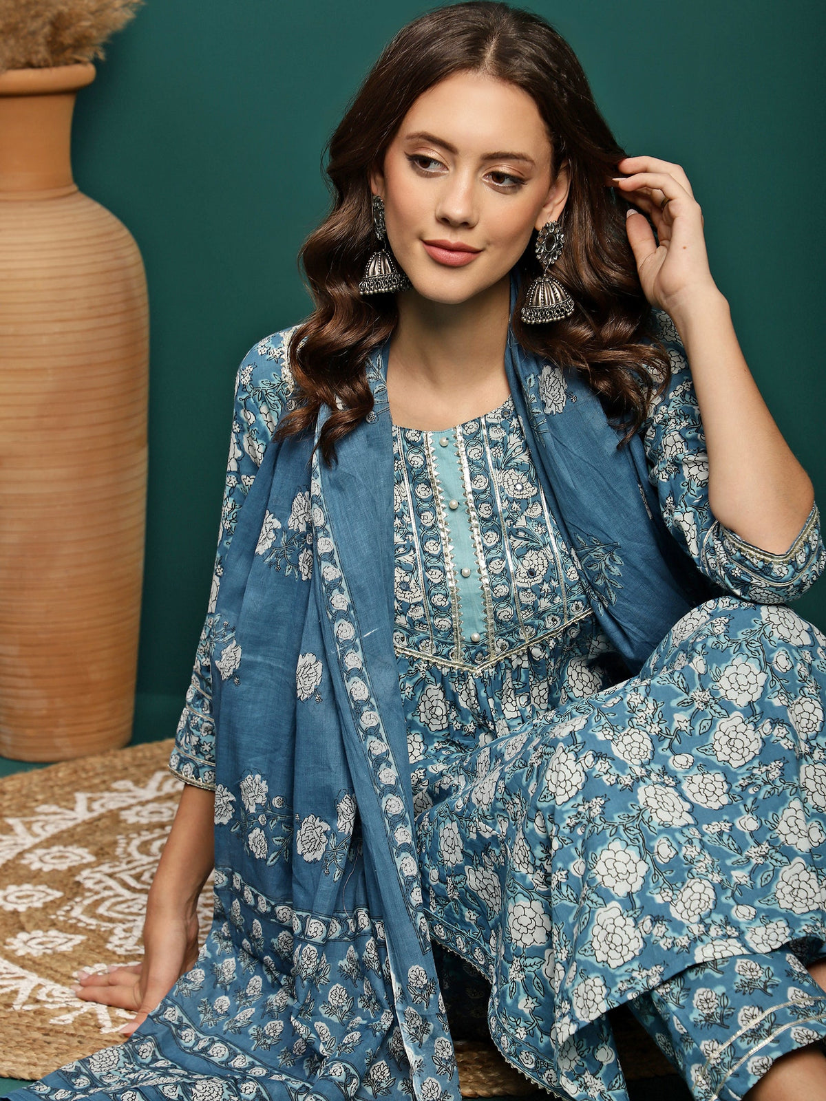 Bluebell Charm Floral Printed Gotta Patti Pure Cotton A-Line Kurta With Trouser & Dupatta Set