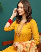 Sun Drape Printed & Embroidered Straight Kurta With Trouser & Dupatta Set
