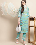 Aqua Bloom Floral Printed Kurta Pant Dupatta Set
