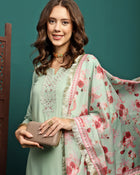 Mint Mirage Floral Embroidered Kurta & Trouser With Dupatta Set