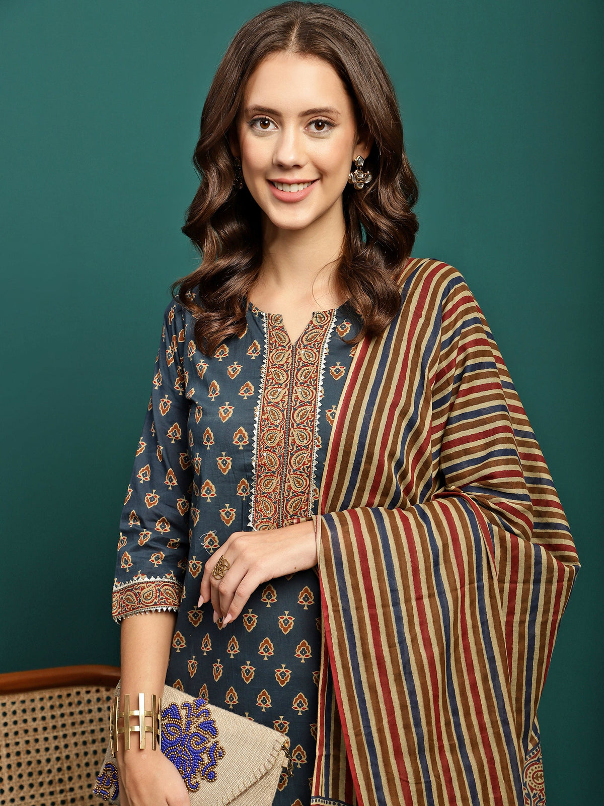 Ocean Drift Printed Pure Cotton Straight Kurta With Trouser & Dupatta Set