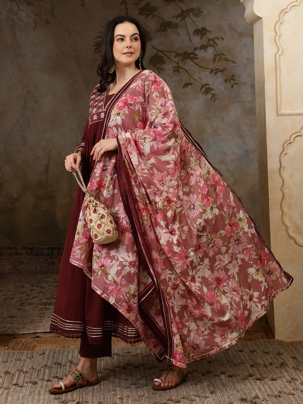 Florya Yoke Design Thread Work Pure Cotton Anarkali Kurta Set with Trousers & Dupatta