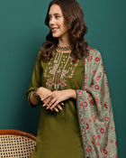 Serene Thread Floral Embroidered Kurta with Trousers & Dupatta