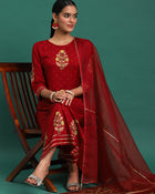 Scarlet Majesty Embroidered 3-Piece Kurta Trouser & Dupatta Set