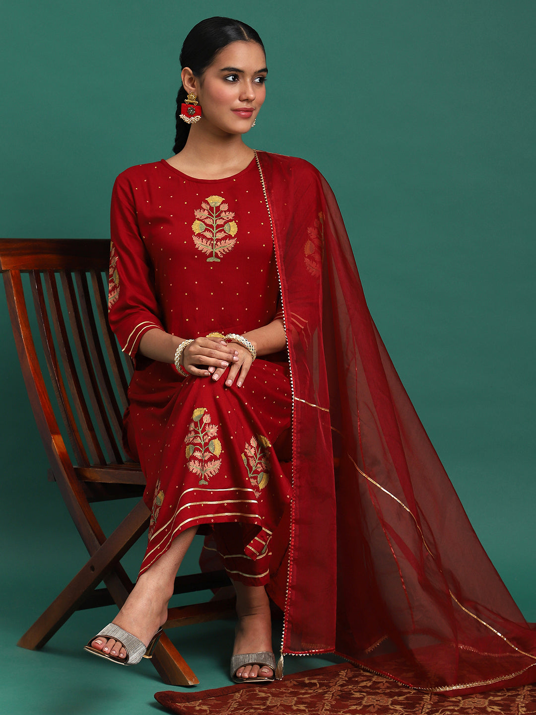 Scarlet Majesty Embroidered 3-Piece Kurta Trouser & Dupatta Set