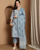 Heritage Hues Ethnic Motifs Printed Pure Cotton Straight Kurta & Trousers With Dupatta