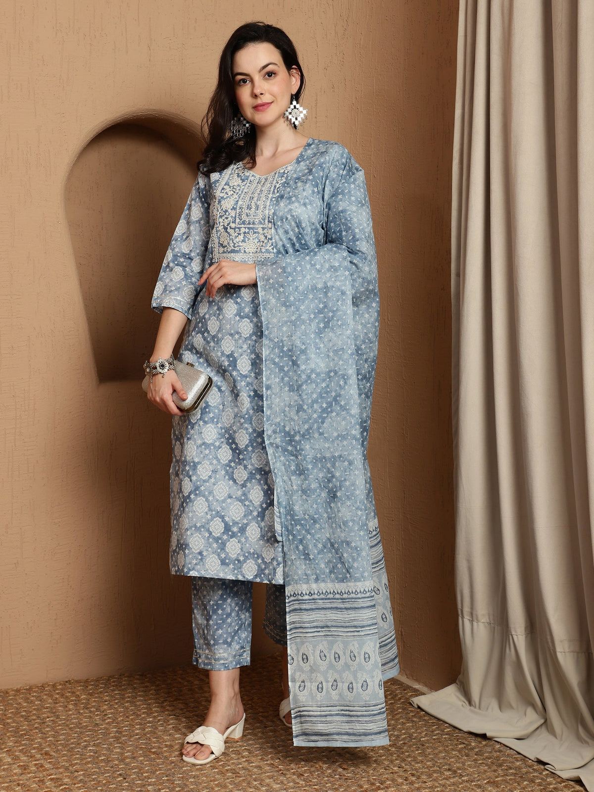 Heritage Hues Ethnic Motifs Printed Pure Cotton Straight Kurta & Trousers With Dupatta