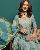 Gleam Garden Floral Printed Pleated Mirror Work A-Line Kurta With Trouser & Dupatta