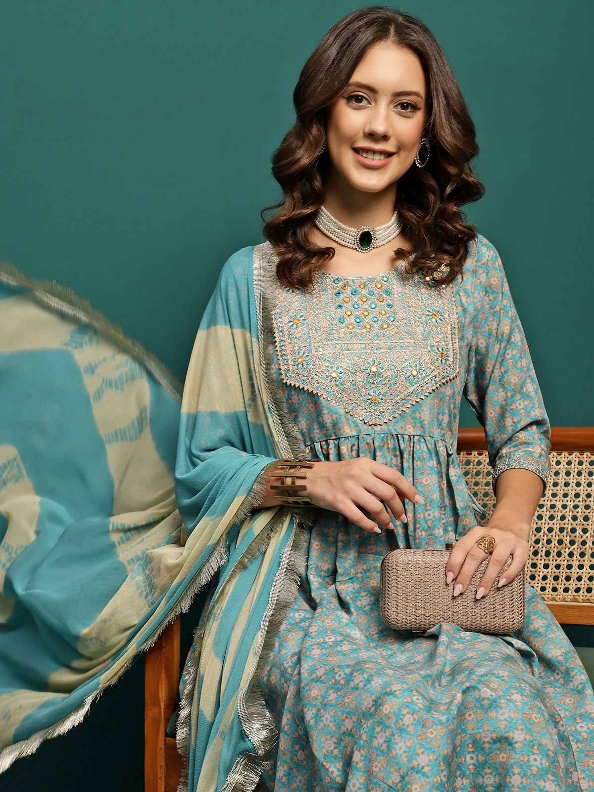 Gleam Garden Floral Printed Pleated Mirror Work A-Line Kurta With Trouser & Dupatta