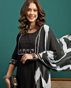 Noir Weave Geometric Yoke Pure Cotton Straight Kurta With Trouser & Dupatta